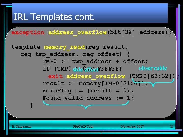 IRL Templates cont. exception address_overflow(bit[32] address); template memory_read(reg result, reg tmp_address, reg offset) {