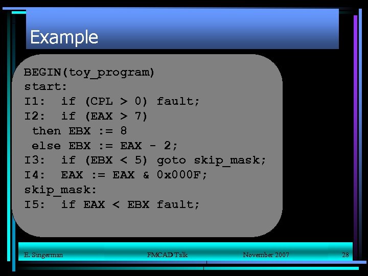 Example BEGIN(toy_program) start: I 1: if (CPL > 0) fault; I 2: if (EAX