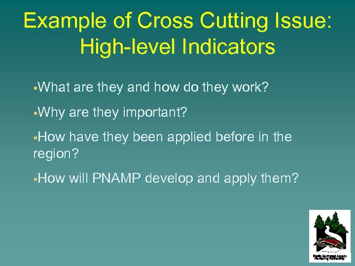 Example of Cross Cutting Issue: High-level Indicators §What §Why are they and how do