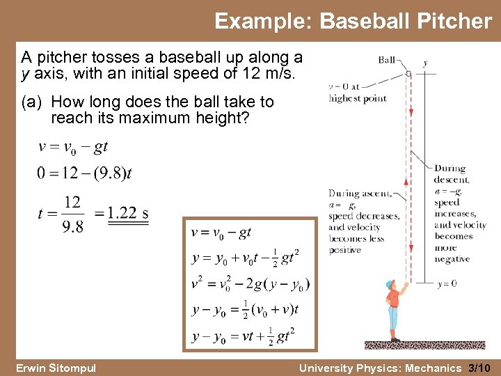 Example: Baseball Pitcher A pitcher tosses a baseball up along a y axis, with