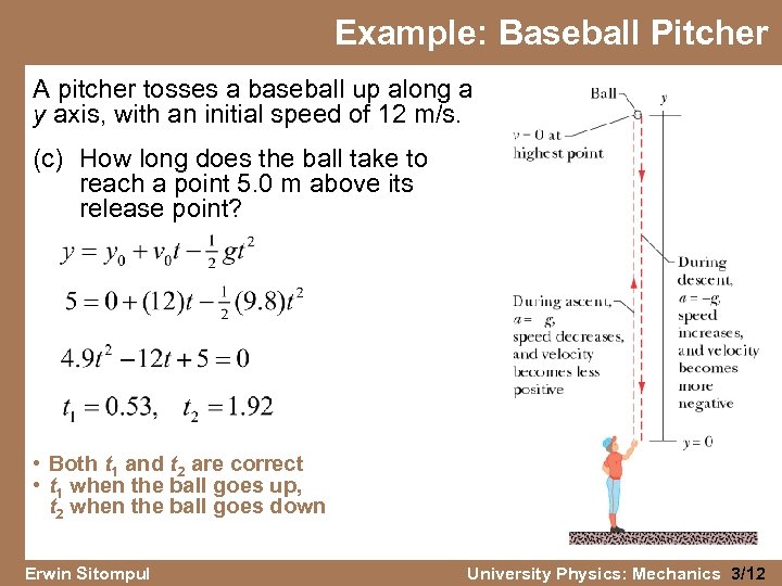 Example: Baseball Pitcher A pitcher tosses a baseball up along a y axis, with