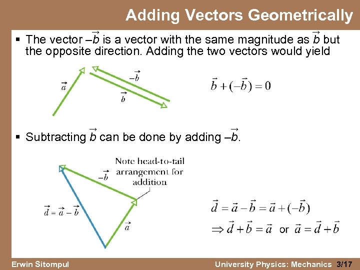 Adding Vectors Geometrically → → § The vector –b is a vector with the
