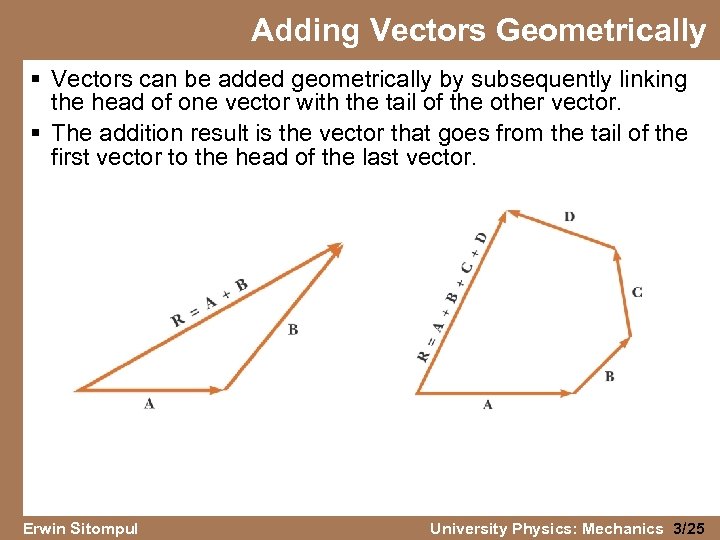 Adding Vectors Geometrically § Vectors can be added geometrically by subsequently linking the head