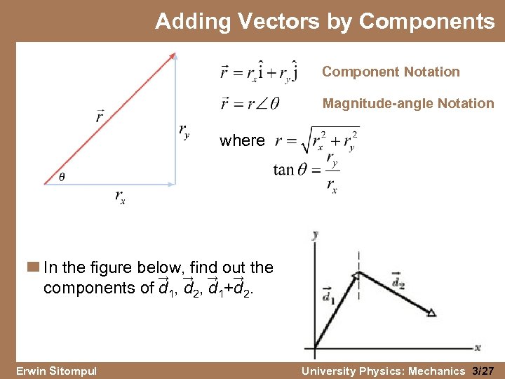 Adding Vectors by Components Component Notation Magnitude-angle Notation where In the figure below, find