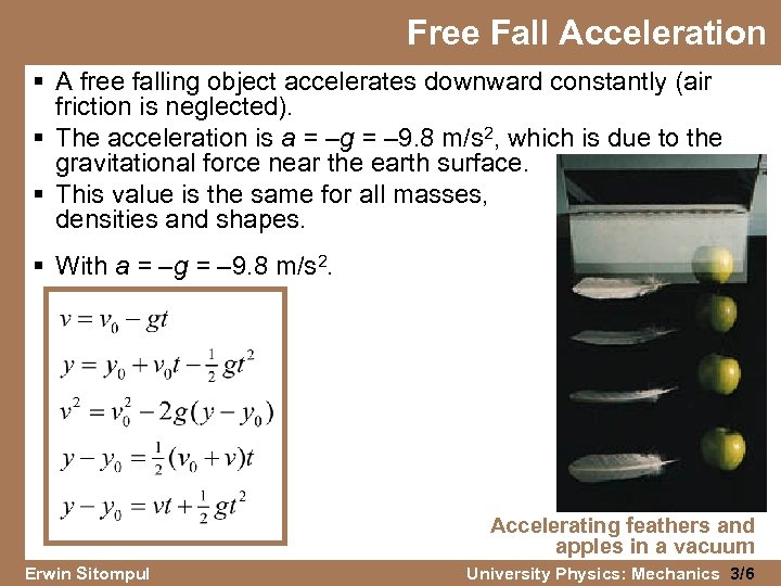 Free Fall Acceleration § A free falling object accelerates downward constantly (air friction is