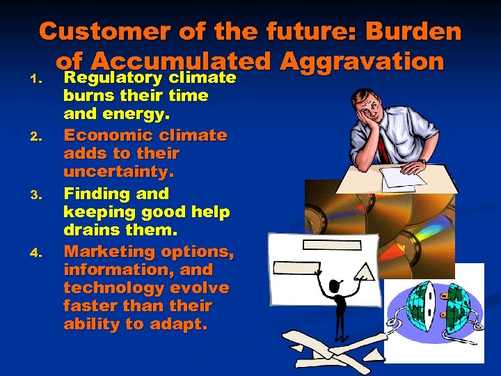 Customer of the future: Burden of Accumulated Aggravation 1. Regulatory climate 2. 3. 4.