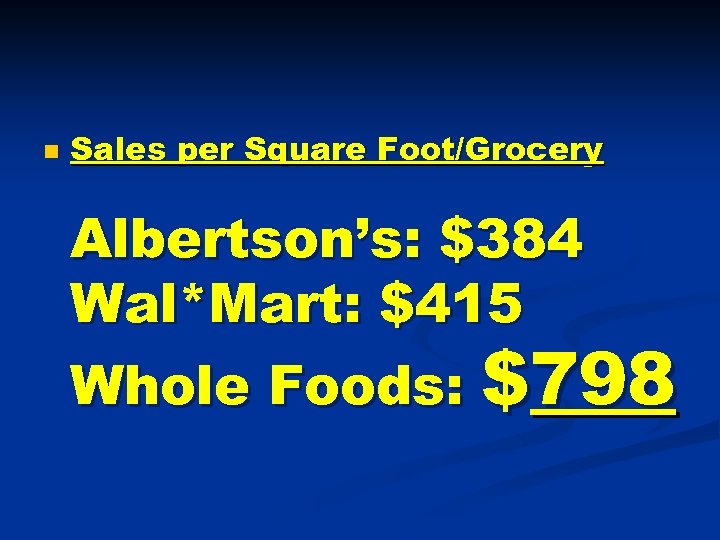 n Sales per Square Foot/Grocery Albertson’s: $384 Wal*Mart: $415 Whole Foods: $798 