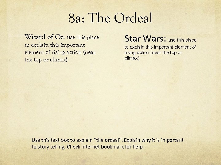 8 a: The Ordeal Wizard of Oz: use this place to explain this important