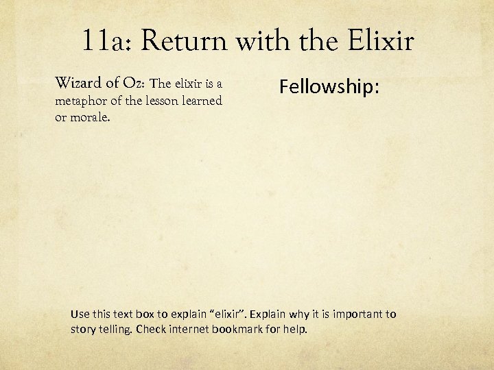 11 a: Return with the Elixir Wizard of Oz: The elixir is a metaphor