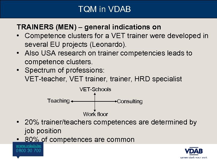 TQM in VDAB TRAINERS (MEN) – general indications on • Competence clusters for a