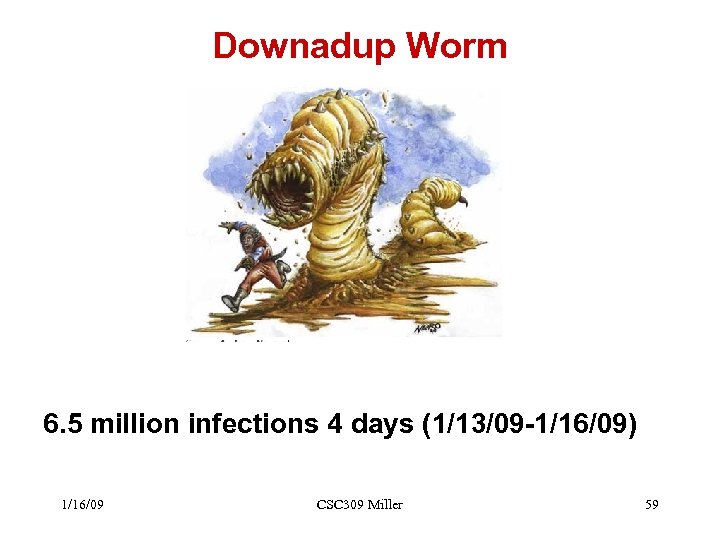 Downadup Worm 6. 5 million infections 4 days (1/13/09 -1/16/09) 1/16/09 CSC 309 Miller