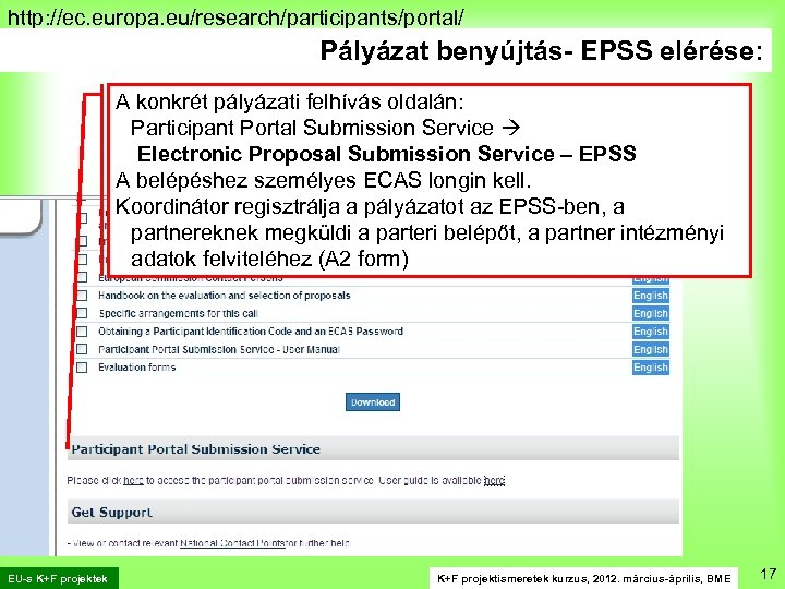 http: //ec. europa. eu/research/participants/portal/ Pályázat benyújtás- EPSS elérése: A konkrét pályázati felhívás oldalán: Participant