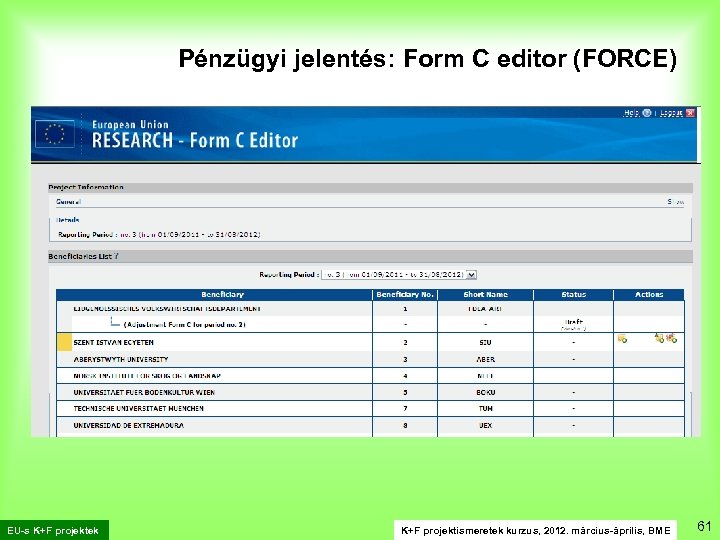 Pénzügyi jelentés: Form C editor (FORCE). EU-s K+F projektek K+F projektismeretek kurzus, 2012. március-április,