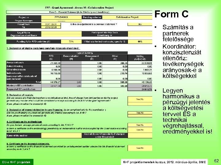 Form C. • Számítás a partnerek felelőssége • Koordinátor: konzisztenziát ellenőriz: tevékenységek arányosak-e a