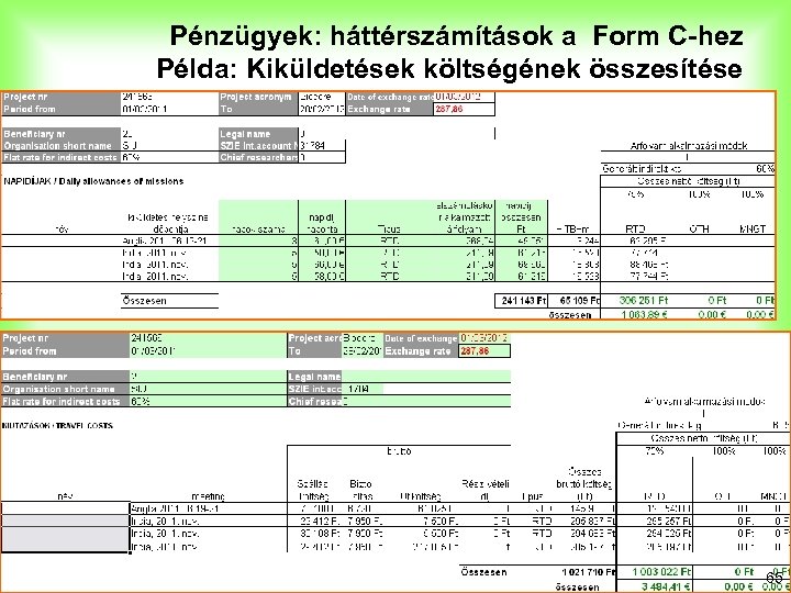 Pénzügyek: háttérszámítások a Form C-hez Példa: Kiküldetések költségének összesítése EU-s K+F projektek K+F projektismeretek