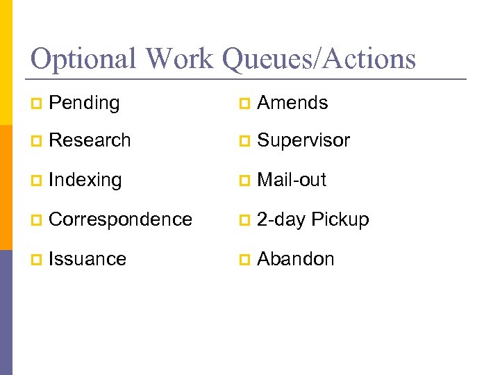 Optional Work Queues/Actions p Pending p Amends p Research p Supervisor p Indexing p