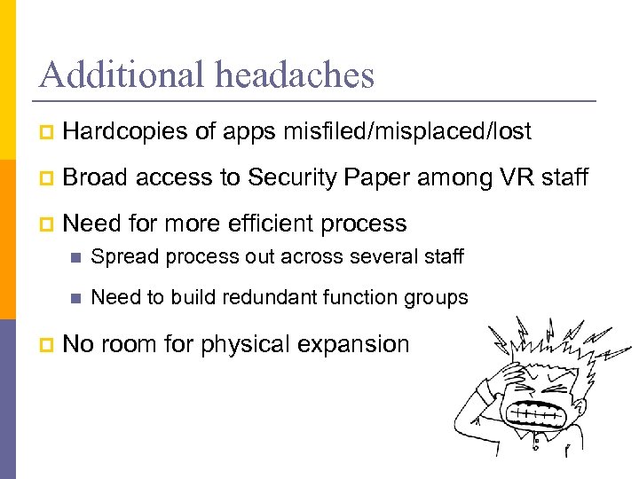 Additional headaches p Hardcopies of apps misfiled/misplaced/lost p Broad access to Security Paper among