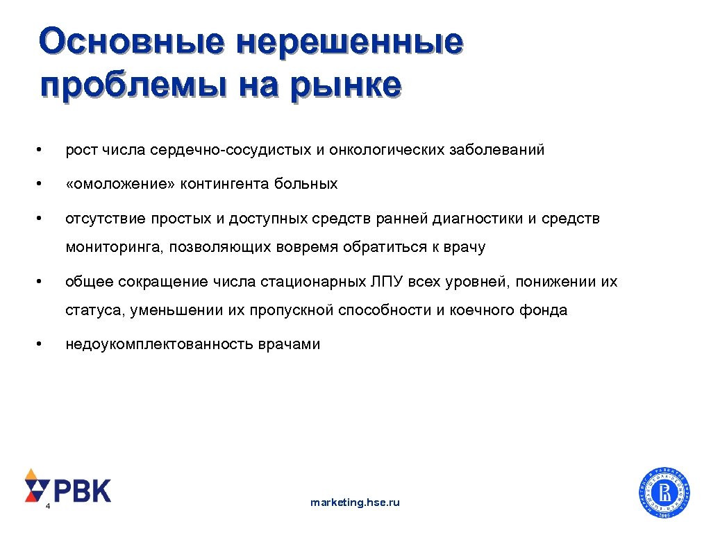 Основные нерешенные проблемы на рынке • рост числа сердечно-сосудистых и онкологических заболеваний • «омоложение»