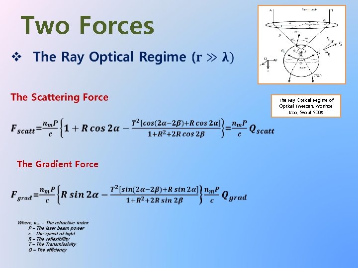 Two Forces The Ray Optical Regime of Optical Tweezers Wonhoe Koo, Seoul, 2005 The