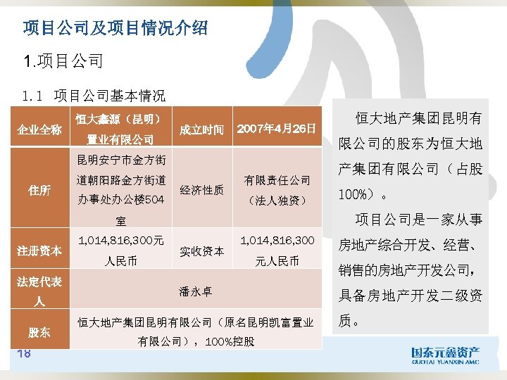 项目公司及项目情况介绍 1. 项目公司 1. 1 项目公司基本情况 企业全称 恒大鑫源（昆明） 置业有限公司 成立时间 2007年 4月26日 限公司的股东为恒大地 昆明安宁市金方街