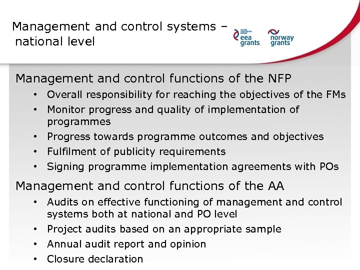 Management and control systems – national level Management and control functions of the NFP