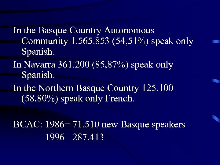 In the Basque Country Autonomous Community 1. 565. 853 (54, 51%) speak only Spanish.