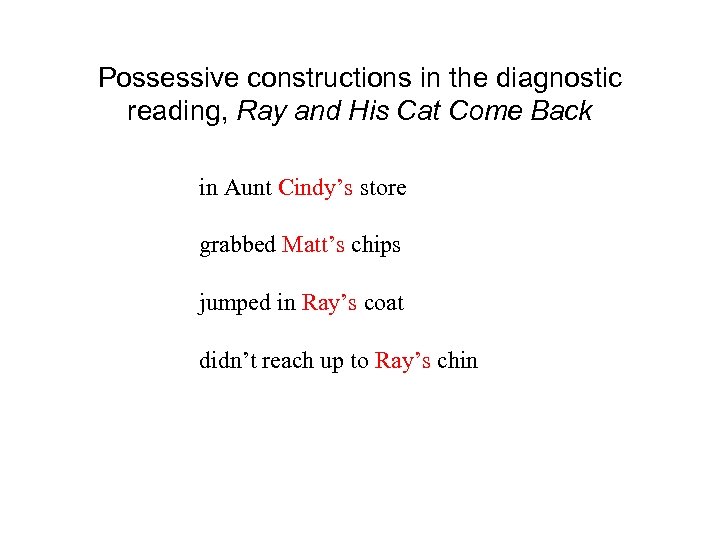 Possessive constructions in the diagnostic reading, Ray and His Cat Come Back in Aunt