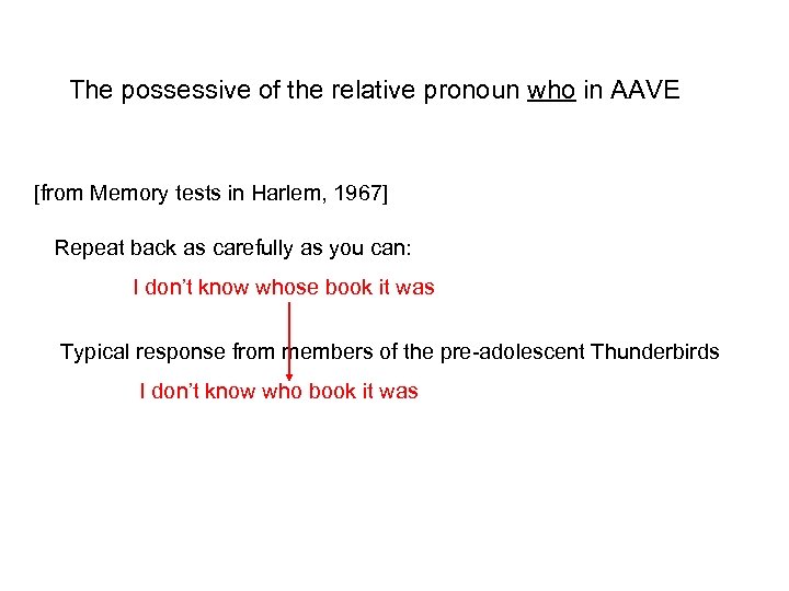 The possessive of the relative pronoun who in AAVE [from Memory tests in Harlem,