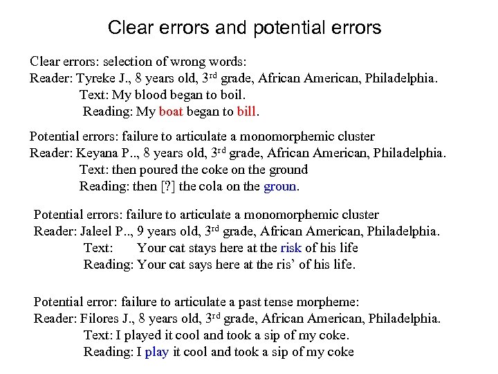 Clear errors and potential errors Clear errors: selection of wrong words: Reader: Tyreke J.