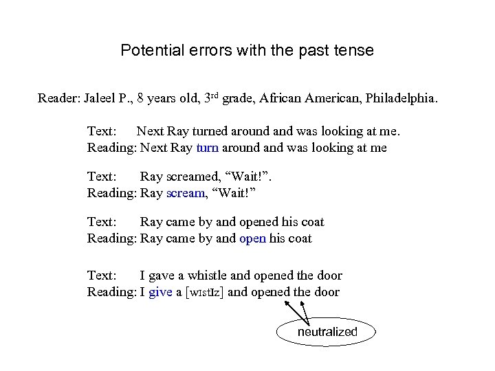 Potential errors with the past tense Reader: Jaleel P. , 8 years old, 3