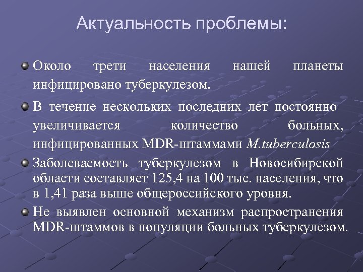 Актуальность проблемы: Около трети населения инфицировано туберкулезом. нашей планеты В течение нескольких последних лет
