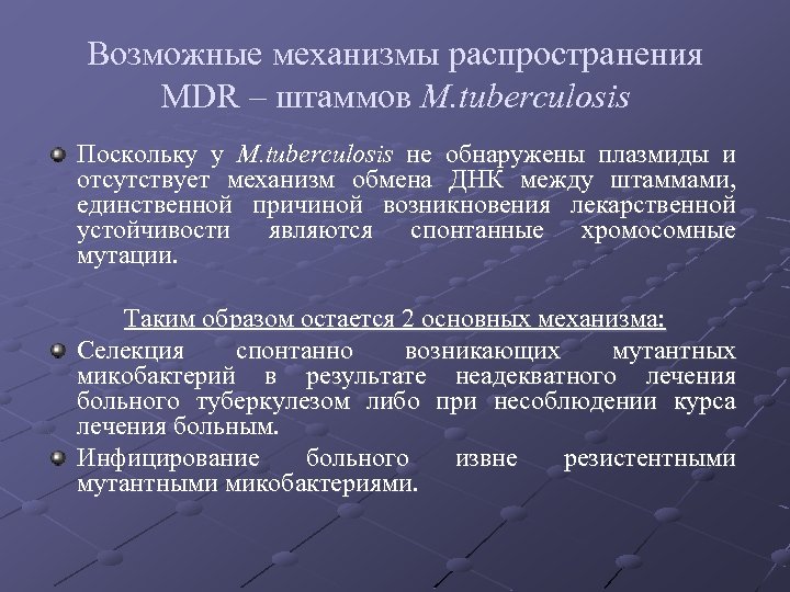 Возможные механизмы распространения MDR – штаммов M. tuberculosis Поскольку у M. tuberculosis не обнаружены