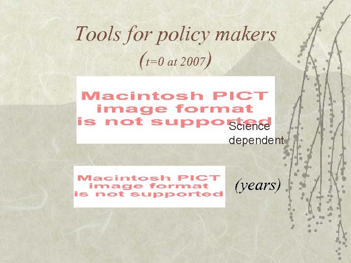 Tools for policy makers (t=0 at 2007) Science dependent (years) 