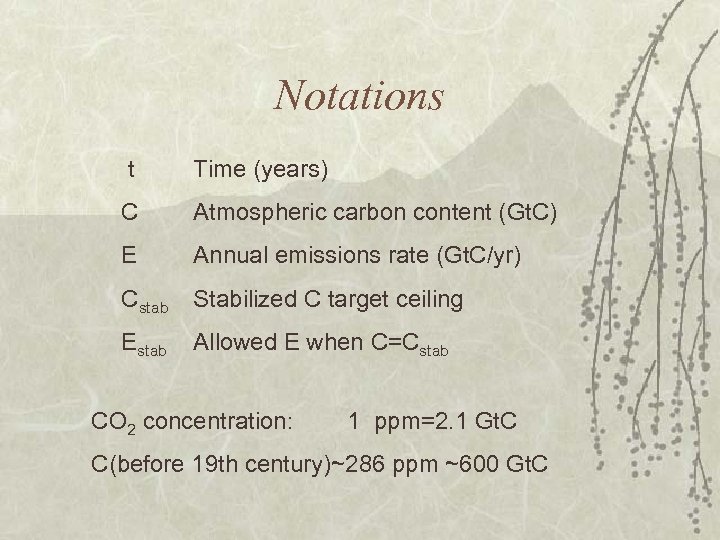 Notations t Time (years) C Atmospheric carbon content (Gt. C) E Annual emissions rate