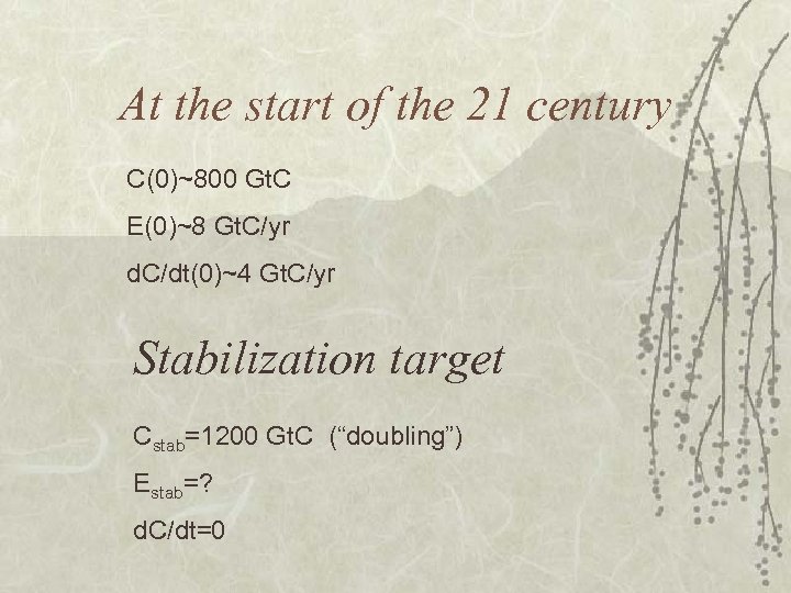 At the start of the 21 century C(0)~800 Gt. C E(0)~8 Gt. C/yr d.