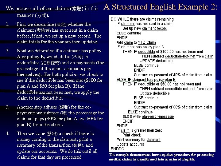 We process all of our claims (索賠) in this manner (方式). A Structured English