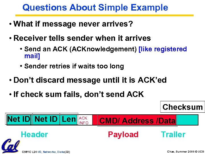 Questions About Simple Example • What if message never arrives? • Receiver tells sender
