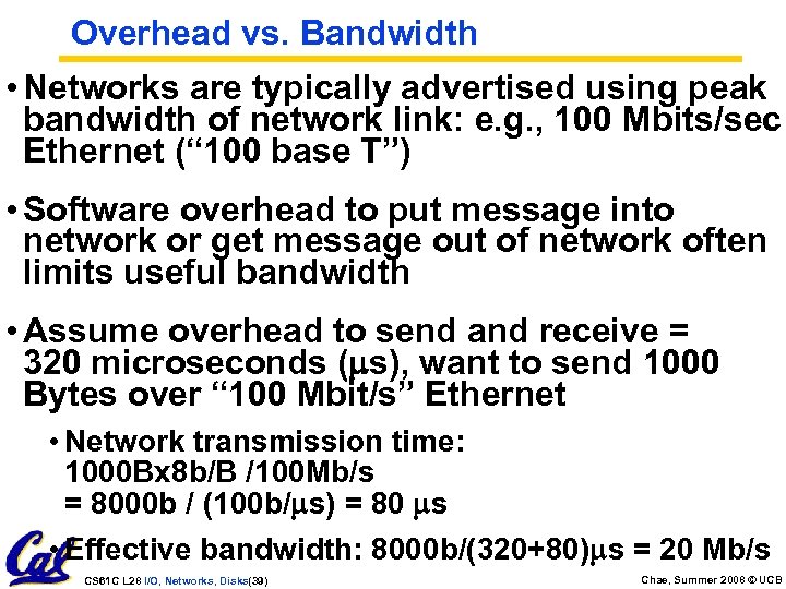 Overhead vs. Bandwidth • Networks are typically advertised using peak bandwidth of network link: