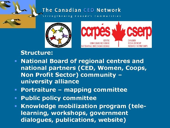 § § Structure: National Board of regional centres and national partners (CED, Women, Coops,