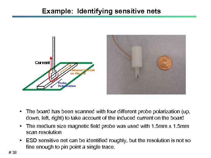 Example: Identifying sensitive nets Induced Current on the net Probe Polarization • The board