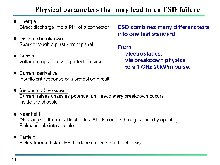 Physical parameters that may lead to an ESD failure ESD combines many different tests