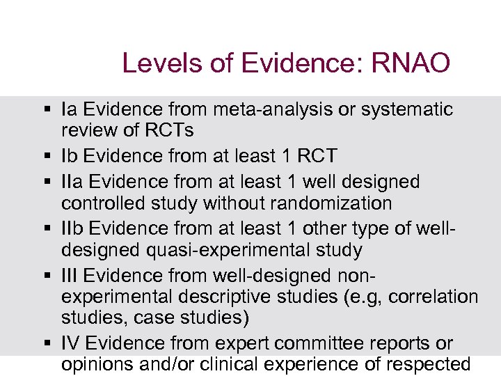 Levels of Evidence: RNAO § Ia Evidence from meta-analysis or systematic review of RCTs