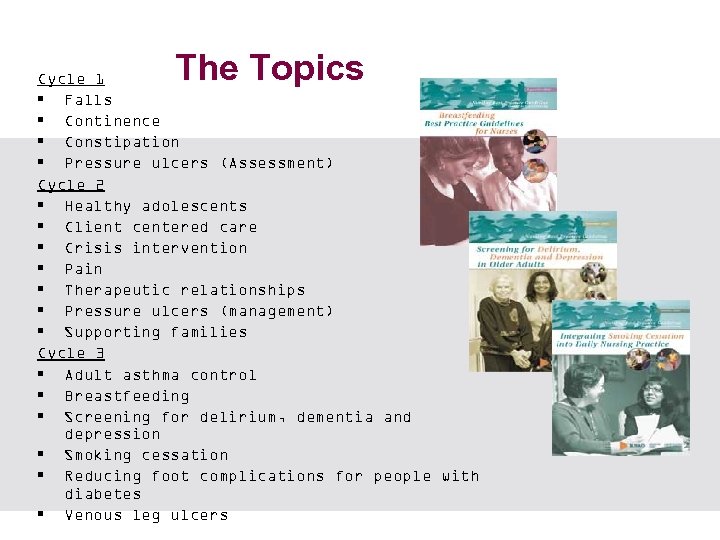 The Topics Cycle 1 § Falls § Continence § Constipation § Pressure ulcers (Assessment)