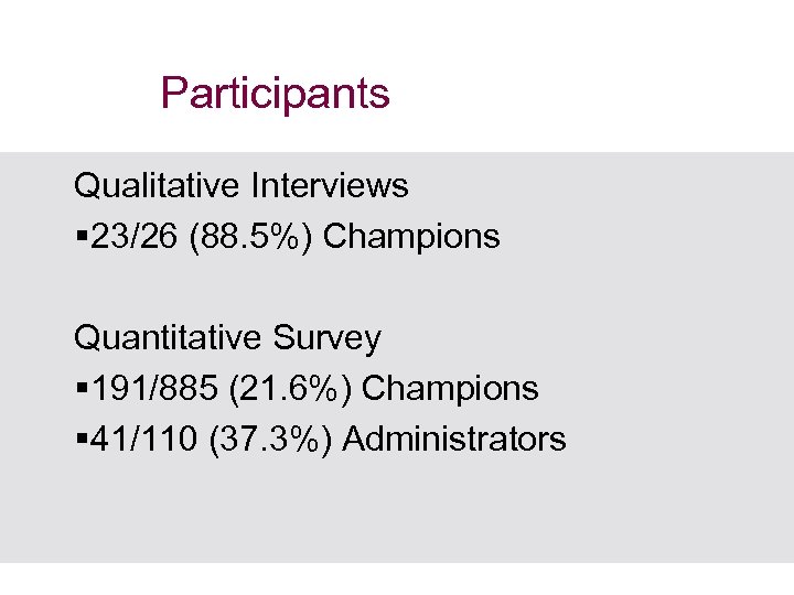 Participants Qualitative Interviews § 23/26 (88. 5%) Champions Quantitative Survey § 191/885 (21. 6%)