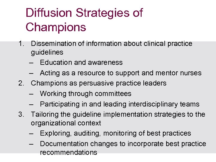 Diffusion Strategies of Champions 1. Dissemination of information about clinical practice guidelines – Education