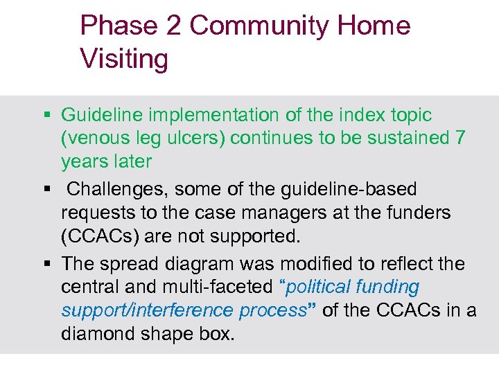 Phase 2 Community Home Visiting § Guideline implementation of the index topic (venous leg