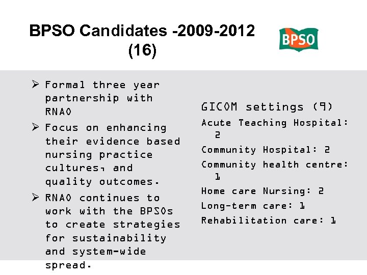 BPSO Candidates -2009 -2012 (16) Ø Formal three year partnership with RNAO Ø Focus