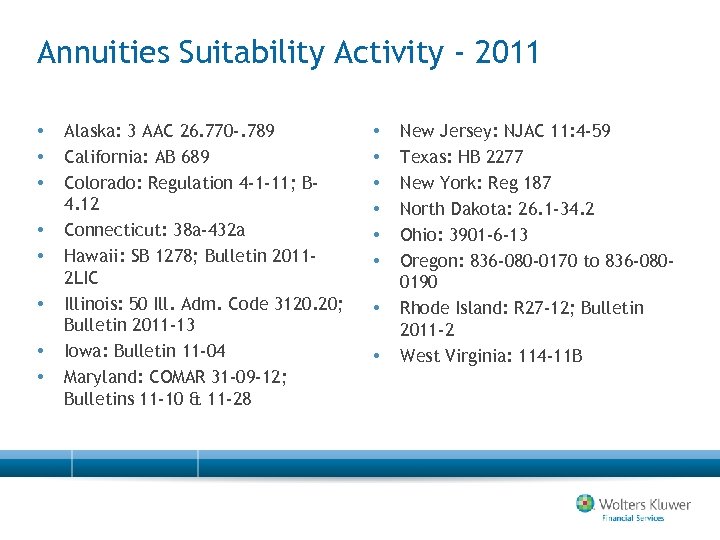 Annuities Suitability Activity - 2011 • • Alaska: 3 AAC 26. 770 -. 789