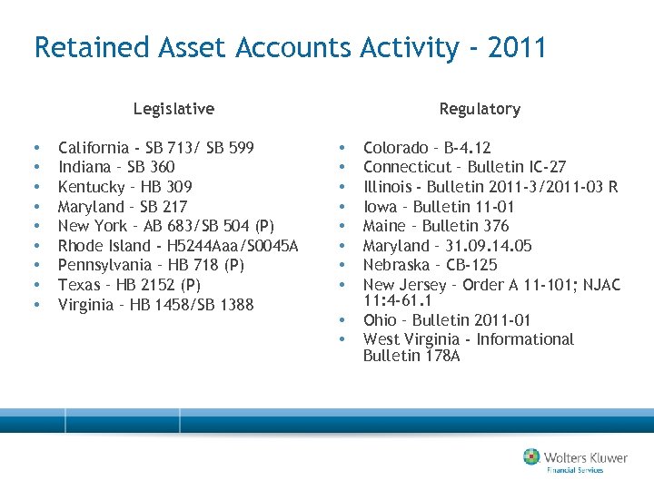 Retained Asset Accounts Activity - 2011 Legislative • • • California - SB 713/