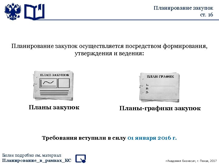 Планирование закупок ст. 16 Планирование закупок осуществляется посредством формирования, утверждения и ведения: Планы закупок